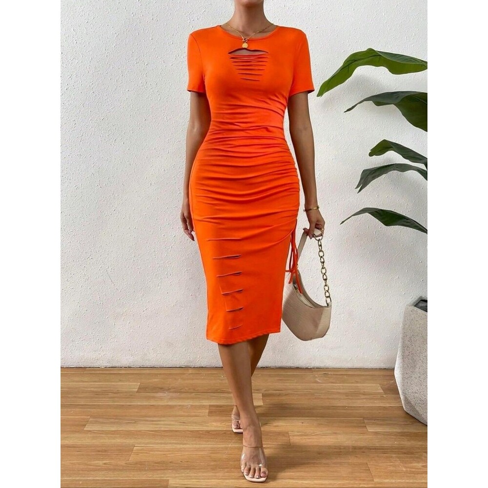 Orange Distressed T-shirt Dress, Side Ruching, Short Sleeves, Small